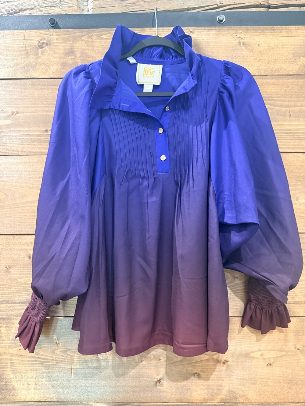Emily McCarthy Ombre Puff-Sleeve Blouse with Pleated Front